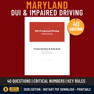 Peut inclure: Un guide d'étude numérique intitulé Maryland DUI & Impaired Driving comprenant 40 questions et une fiche mémo. Le document contient des questions d'entraînement, des chiffres critiques et des règles clés pour l'édition 2026, en téléchargement PDF.