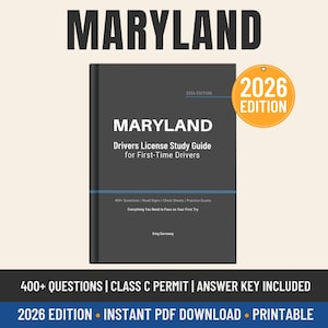 May include: A Maryland Drivers License Study Guide for First-Time Drivers 2026 Edition book cover. The dark grey book features white text, a blue horizontal line, and an orange circular badge that reads 2026 EDITION. Includes 400+ questions.