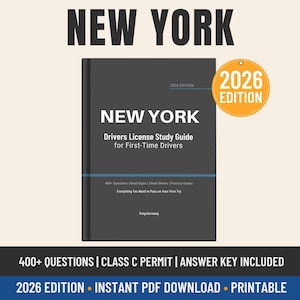 May include: A dark grey New York Drivers License Study Guide for First-Time Drivers book with white text. The cover features the title, 2026 Edition, and 400+ Questions, Road Signs, Cheat Sheets, and Practice Exams. An orange circular 2026 Edition badge is visible.