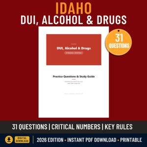以下が含まれることがあります： Idaho DUI, Alcohol & Drugsというタイトルの31問の質問を含むデジタル学習ガイド。赤いヘッダーボックス、黒いテキスト、31 Questionsと書かれたオレンジ色の円形バッジが特徴です。2026年版は印刷可能なPDFダウンロード形式です。