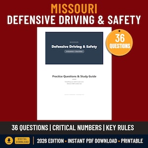 Könnte beinhalten: Ein digitaler Studienleitfaden für defensives Fahren und Sicherheit in Missouri mit dunkelblauem Einband, weißem Text, einem gelben runden Abzeichen mit der Aufschrift 36 Questions und dem Untertitel Practice Questions & Study Guide 2026.