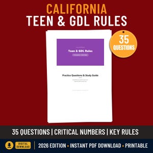 Op de afbeelding: Een wit document met de tekst "CALIFORNIA TEEN & GDL RULES" in oranje en wit. Het document bevat een paarse sectie met "Teen & GDL Rules" en "Practice Questions & Study Guide". Een gele cirkel toont "35 QUESTIONS". De onderste banner luidt "35 QUESTIONS | CRITICAL NUMBERS | KEY RULES".