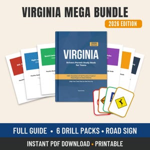 May include: A Virginia Mega Bundle 2026 Edition study set featuring a central blue drivers permit study book for teens, surrounded by six colorful practice question booklets and four road sign flashcards with white backgrounds and borders.