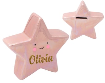 Personalized Piggy Bank- Star Coin Bank - Glitter Pink Piggy Bank - Ring Bearer Gift - Flower Girl Gift - Children's Coin Bank - Kids Bank