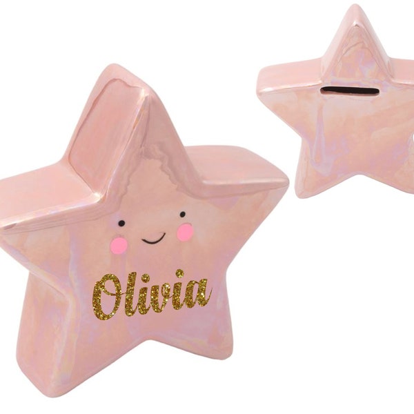 Personalized Piggy Bank- Star Coin Bank - Glitter Pink Piggy Bank - Ring Bearer Gift - Flower Girl Gift - Children's Coin Bank - Kids Bank