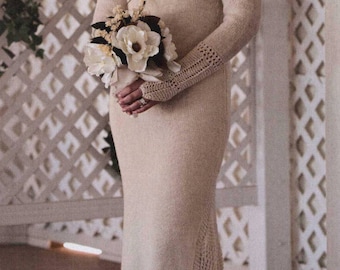 Wedding Dress PDF Knitting Pattern, Knitted Crochet Gown,Vintage Dress with Sleeve Mittens,Instant Download PDF Pattern TP1