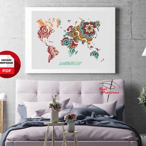 Mandala World Map PDF Cross Stitch Pattern,Continent Silhouette Cross Stitch Design,Instant Download PDF,Embroidery Needlework Patterns CS32