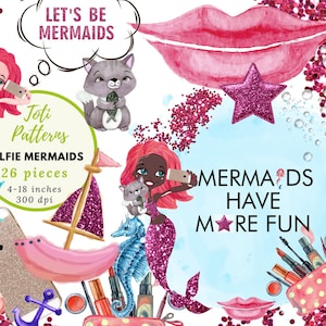 Selfie Meerjungfrau Clipart, Aquarell Meer Unterwasser Illustration, Sirene Glitzer Clip Art, DIY Aufkleber, Sommer Clipart Freie kommerzielle Nutzung TP5