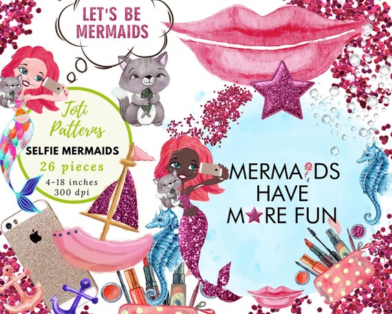 Selfie Mermaid Clipart Watercolor Sea Underwater Etsy