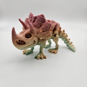 Puede incluir: Un modelo de esqueleto de dinosaurio impreso en 3D en colores rosa, verde y amarillo. El dinosaurio es un triceratops con una gran gola y tres cuernos.