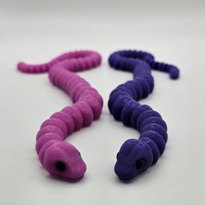 Op de afbeelding: Twee flexibele, gesegmenteerde slangen speelgoed, een roze en een paars, met zwarte ogen. De slangen zijn naar elkaar gekeerd.