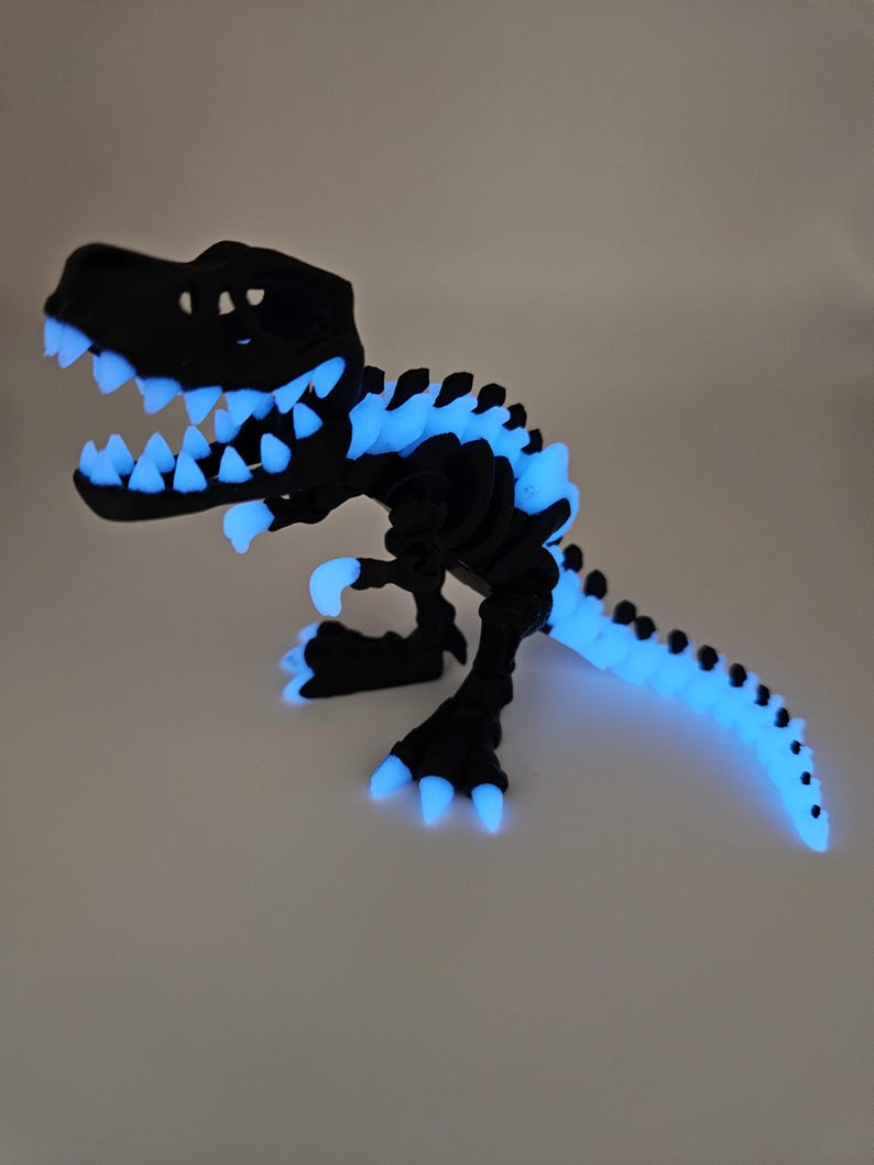 May include: A black glow-in-the-dark dinosaur skeleton toy. The skeleton is posed in a standing position with its mouth open and its tail curled around its body. The toy glows blue in the dark.