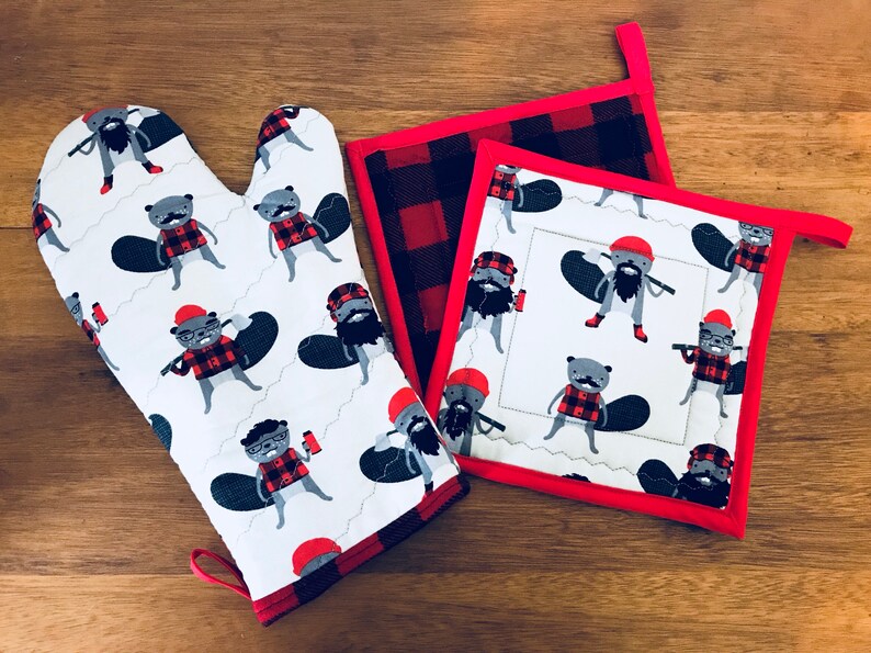 Burly Beavers Oven Mitt /& Pot Holder Set,Unisex Kitchen Gift,Lumberjack Gifts,Buffalo Plaid Pot Holder,Oven Mitt,oven mitts and pot holders,