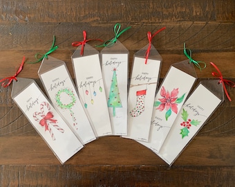 Handmade Watercolor Bookmark / Happy Holidays Watercolor Bookmark / Christmas Bookmark / Holiday Gift / Christmas Gift