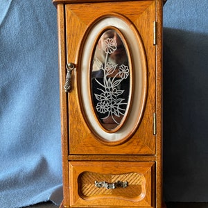 Vintage Wooden Jewelry Organizer Box with Mirror