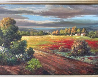 水彩画 風景画 サイン入り 木製フレーム 油絵風景画、金箔木製フレーム、アーティスト直筆サイン入り。31インチ