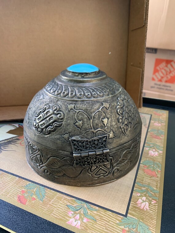 60s handmade Metallic Box with Blue stone - carve… - image 2