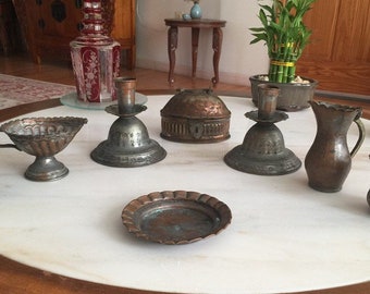 Handmade Middle Eastern Copper Decor Set: Candlestick, Bowl, Vase
