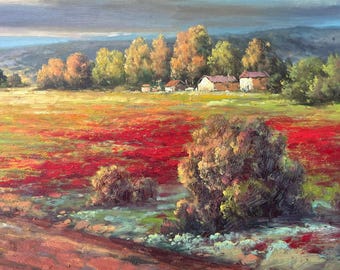 水彩画 風景画 サイン入り 木製フレーム 油絵風景画、金箔木製フレーム、アーティスト直筆サイン入り。31インチ