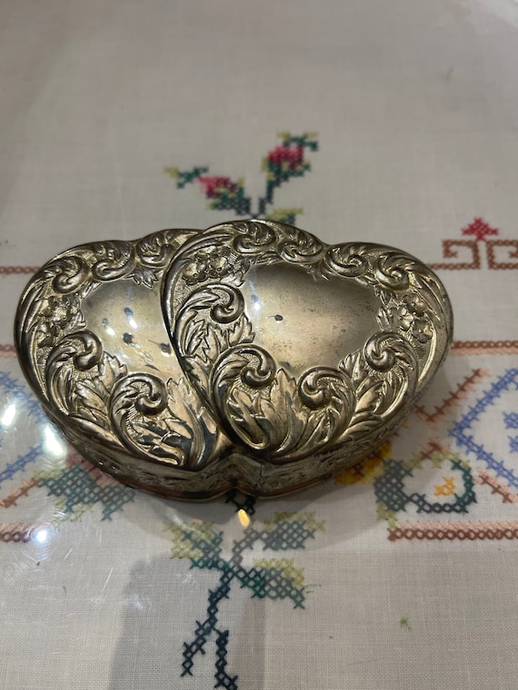 Vintage Gold Plated Heart Shaped Silver Bow Jewelry Trinket Box Red Lining