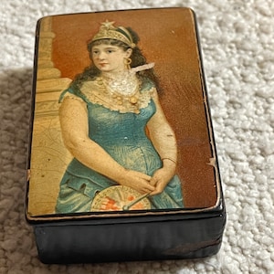 Antique 19th Century Papier Mache Lacquered Snuff Box on Top Lady Portrait