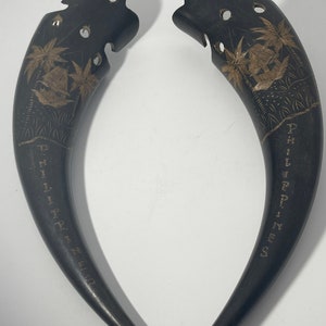 Pair Vintage Tropical Carved Buffalo Horn Wall Hanging Vase Philippines