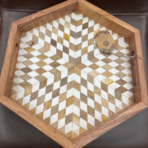 Bandeja hexagonal de diseño geométrico de hueso y madera india hecha a mano NUEVO