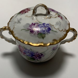 Limoges France Wm Guerin Floral Sugar Bowl Gold Accents 4”