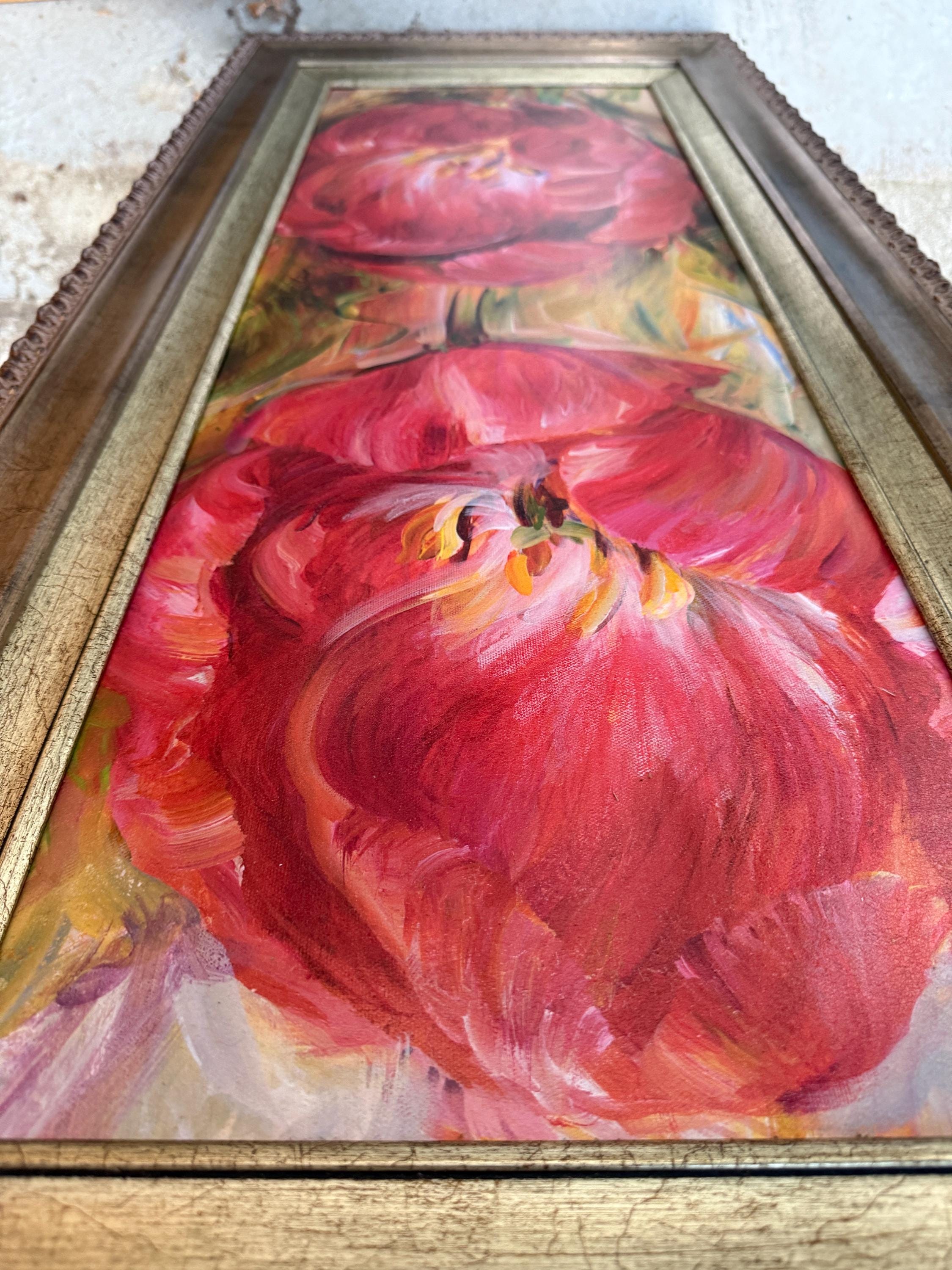 大きなチューリップの油絵アート（木製ゴールドフレーム付き