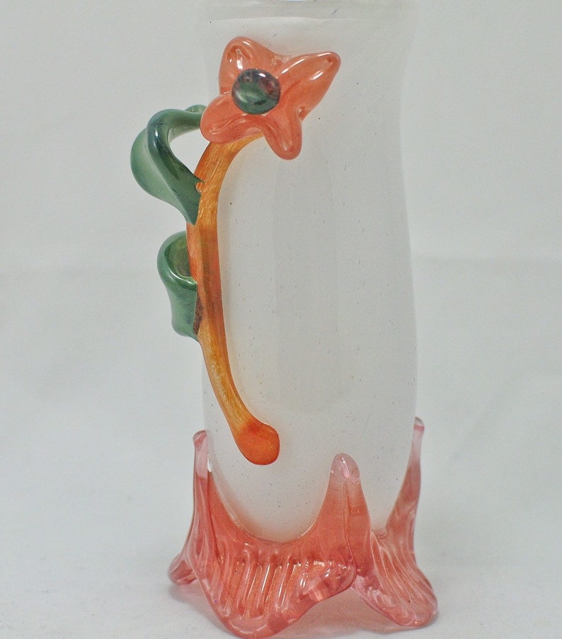 Vintage Handmade White Glass vase with Orange and Green Floral Design