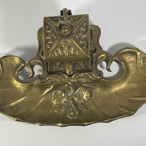 Antique c1900 European Scrolled Art Nouveau Brass Inkwell