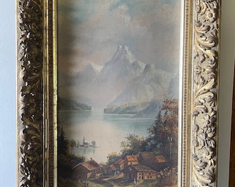 Ancienne Peinture à l'Huile Paysage Nature Cadre doré