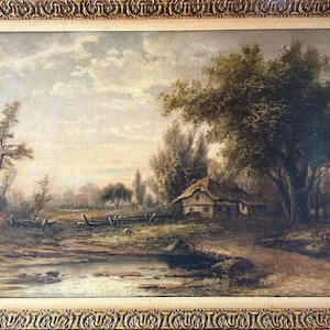 Antique Large Oil Painting landscape Nature Wooden frame Signed
