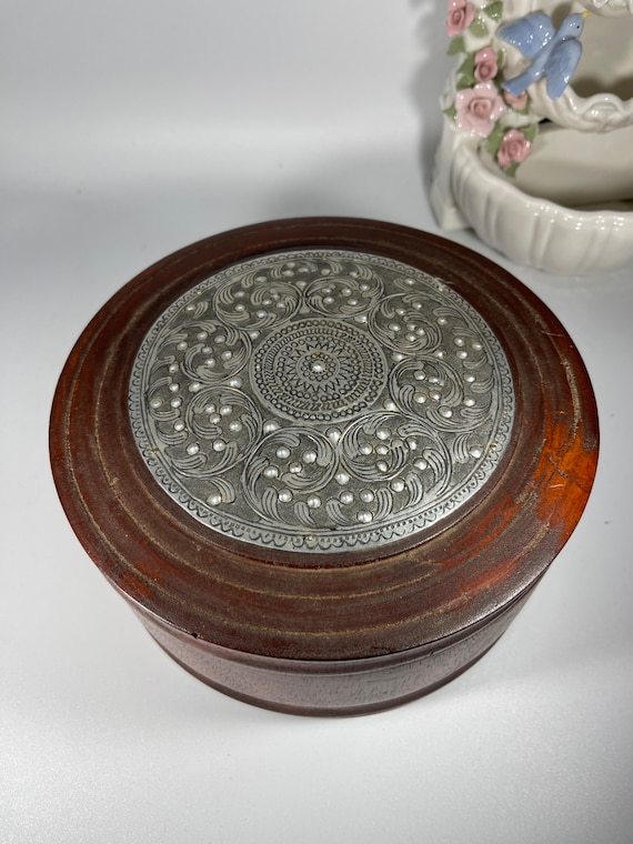 Vintage Wooden& Silver Round Box - image 1