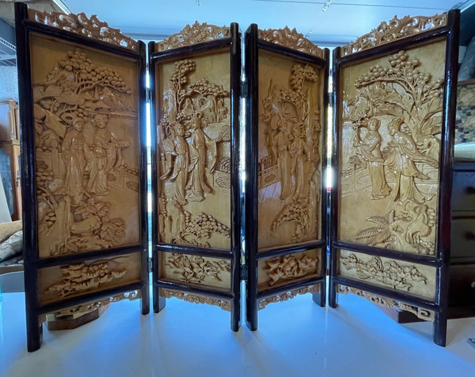 Chinese Wooden Hand Carved Small Folding Screen Etsy