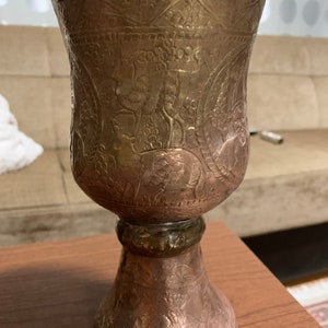 Antique Indian Copper Bowl: Hand Carved Religious Goblet