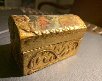 Vintage Wooden Small Chest Box painting with golden leaves #06#