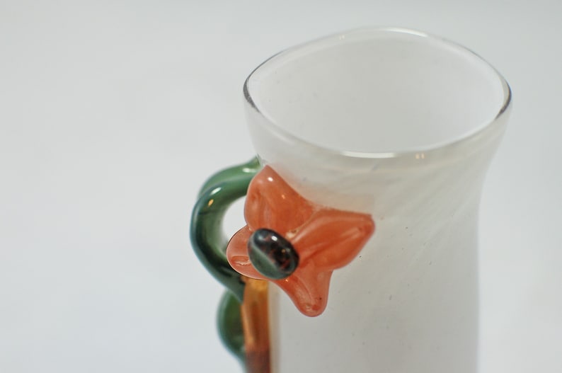 Vintage Handmade White Glass vase with Orange and Green Floral Design