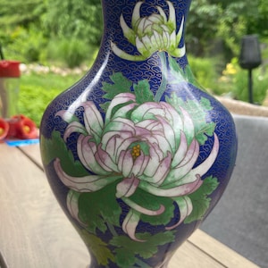 VTG Brass Chinese Cloisonne Blue and Colorful flowers Vase 12 1/3”