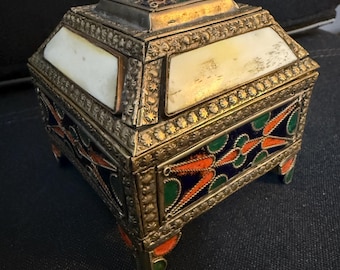 Moroccan Hand Made Camel Bone, Brass, enamel Jewelry Box