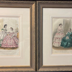 Pair Old Hand Colored Ladies drawings prints with Wooden Frame.