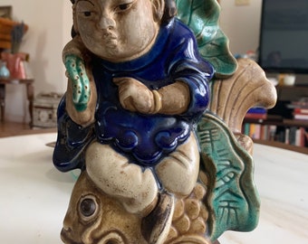 Chinese Ceramic Sculpture Boy on the Fish and Lotus 11”