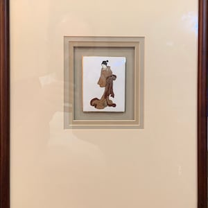 Japanese Tile Painting Miniature Art at the tile Young Lady with wooden Frame and mat