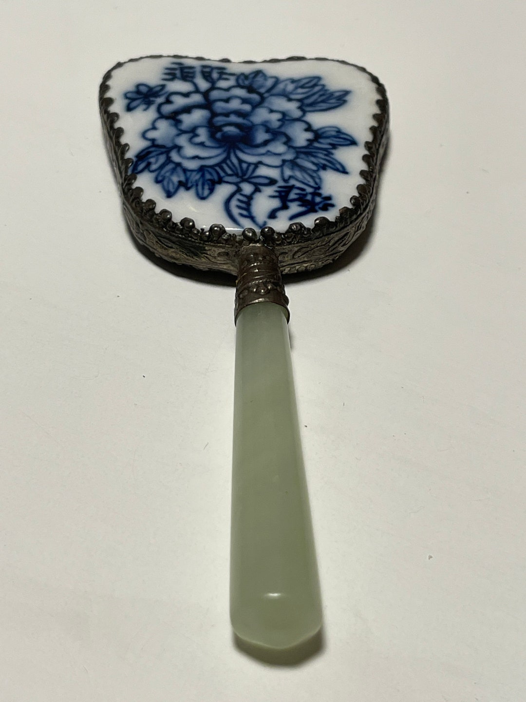 Vintage Chinese Hand Mirror Jade Handle Painted Porcelain Blue&white