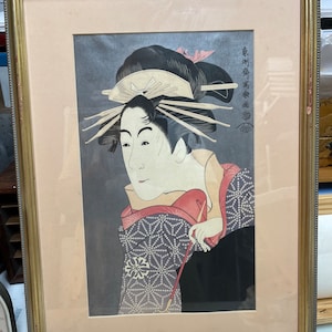 Framed Ukiyo-e Woodblock Print by Kitagawa Utamaro: Asian Vintage Art