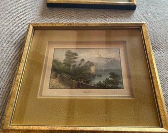 Pair Antique Print Etchings  Landscape With Wooden Frames