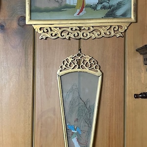 Pair Chinese Glass Hand Painting Art with Ormolu Wooden Gold Pattern Frames #Sl#