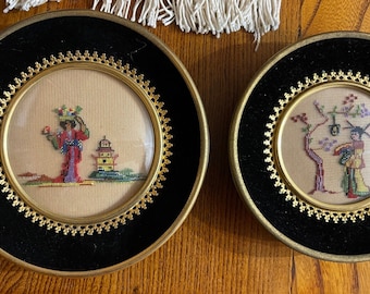 Pair Vintage Asian Petit Point Japanese Geisha Girls Round Frames Is 6” and 4” Delicate #20#