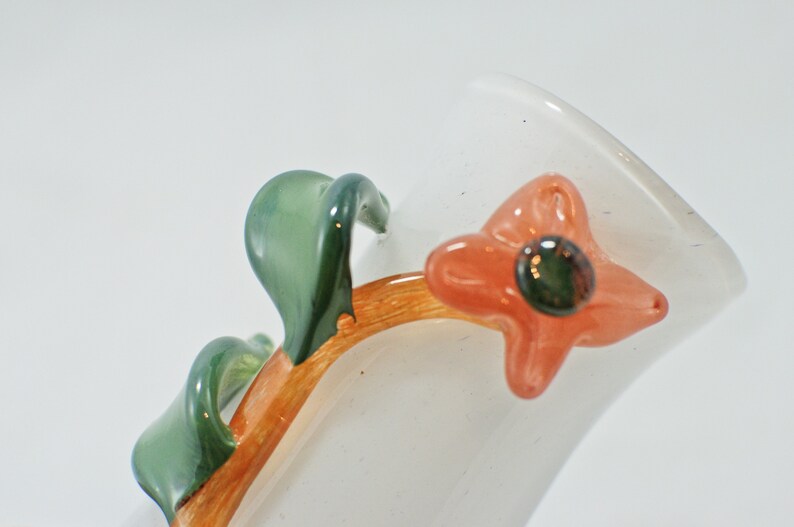 Vintage Handmade White Glass vase with Orange and Green Floral Design