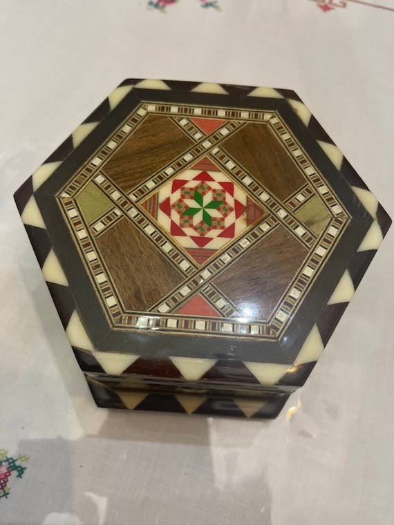 Vintage Octagonal Handmade Wooden Micro Mosaic Box
